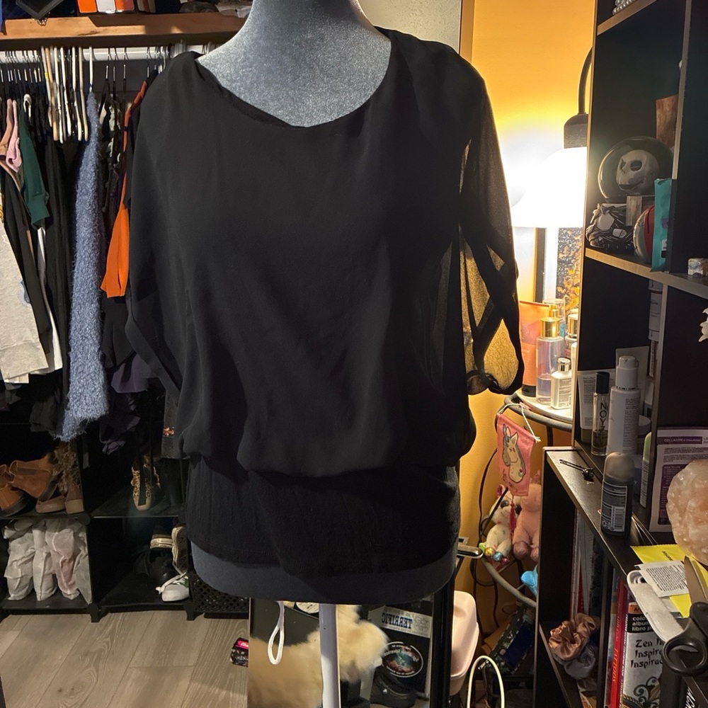 Joseph A Black Sheer Blouson Sleeve Top